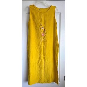 Mustard Yellow Embroider Butterfly Floral Sleeveless Slub Shift Midi Dress Sz XL